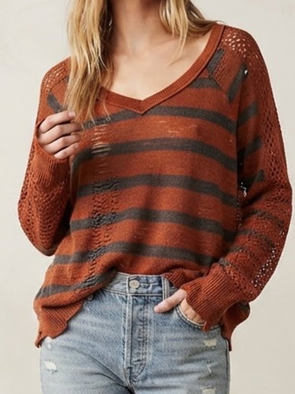 Free People We The Free Striped Open Knit Sweater Rust Orange Brown